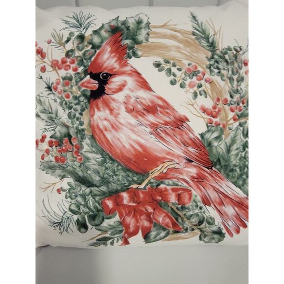 Cardinal Red Bird Decorative Throw Pillow With Pom Poms Water Color Style - Picture 2 of 5